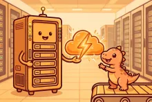 Cartoon illustration of a friendly server rack handing a glowing cloud to a small dinosaur in a data-center aisle.