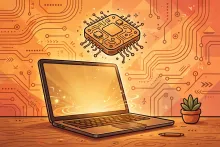 Cartoon illustration of a sleek laptop with a glowing microchip on its screen, surrounded by stylized circuit patterns.