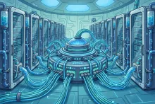 Cartoon illustration of towering server racks connected by glowing network cables in a data center.