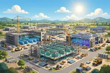 Cartoon illustration of a massive data center campus under construction beneath a bright sky.