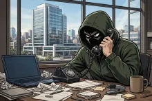 Cartoon of a hooded scammer calling a law office by phone, illustrating the Silent Ransom Group's phone-based extortion campaign.