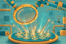 Cartoon illustration of glowing photonic chips on a silicon wafer under a factory lens.