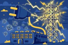 Cartoon illustration of a data center plugged into a straining power grid beside chip packages.