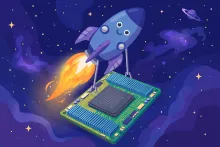 Cartoon illustration of a rocket lifting a giant GPU chip toward orbit.