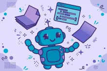Cartoon illustration of a helpful robot assistant juggling office documents and code windows.