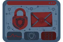 Cartoon illustration of a medical-device dashboard with a padlock and a sealed envelope.