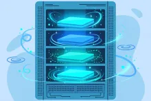 Cartoon illustration of stacked solid-state drives in a humming data-center rack.