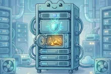 Cartoon illustration of a data center server with a glowing shield and vault door built into it, protecting golden keys inside.