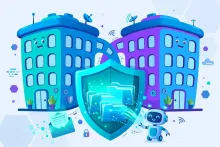 Cartoon illustration of two cybersecurity companies merging behind a protective shield guarding data files and an AI assistant.