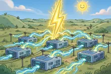Cartoon illustration of a futuristic data center campus with solar panels and a glowing power tower on a Texas prairie.