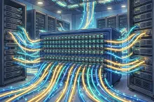 Cartoon illustration of a data center switch packed with pluggable optical modules and glowing fiber cables linking server racks.
