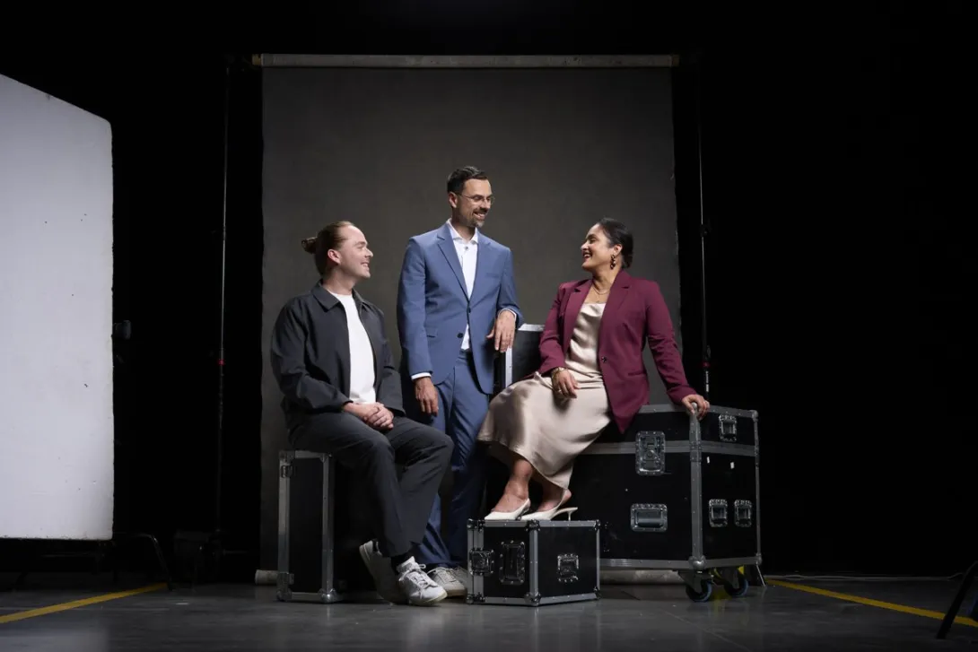 AISLE co-founders Ondrej Vlcek, Jaya Baloo and Stanislav Fort posing together for a studio portrait.