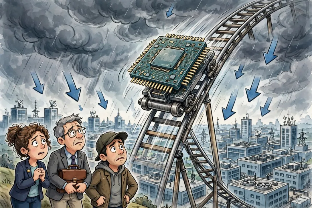 Cartoon illustration of worried investors watching a semiconductor chip ride a plunging rollercoaster above a data center skyline.