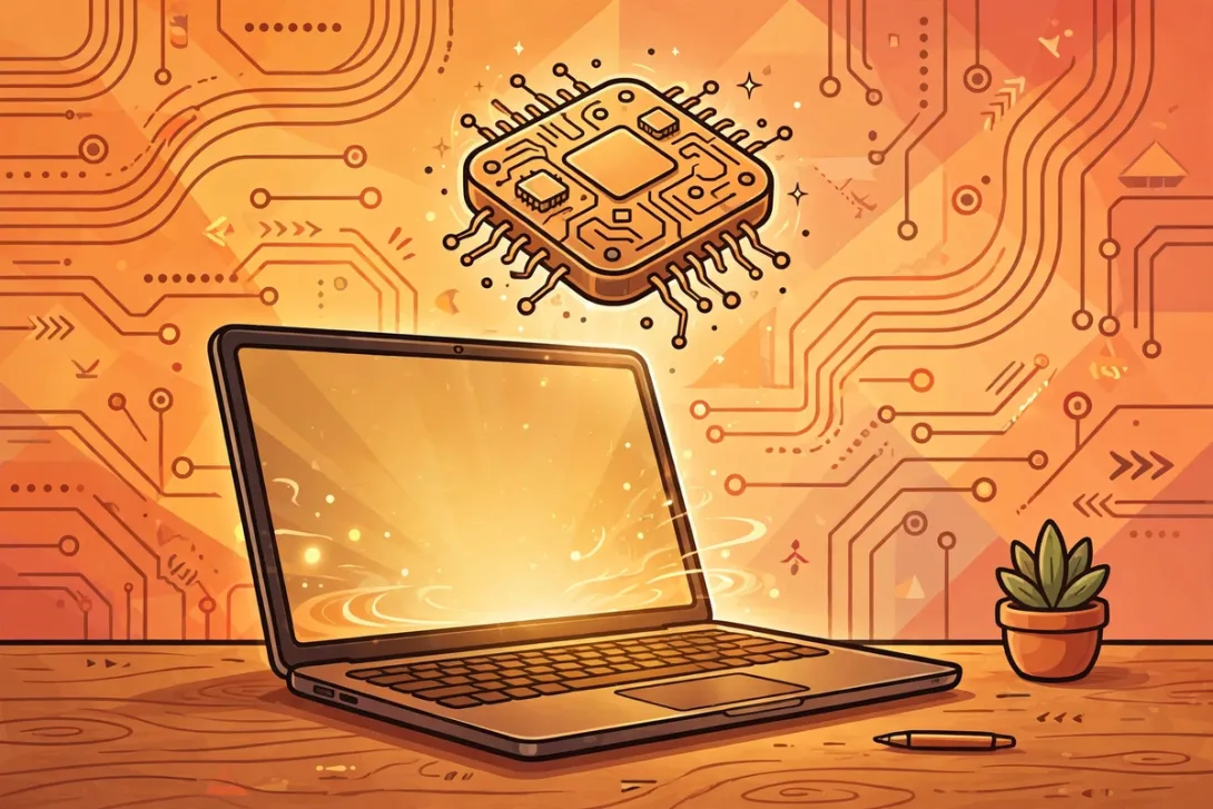 Cartoon illustration of a sleek laptop with a glowing microchip on its screen, surrounded by stylized circuit patterns.