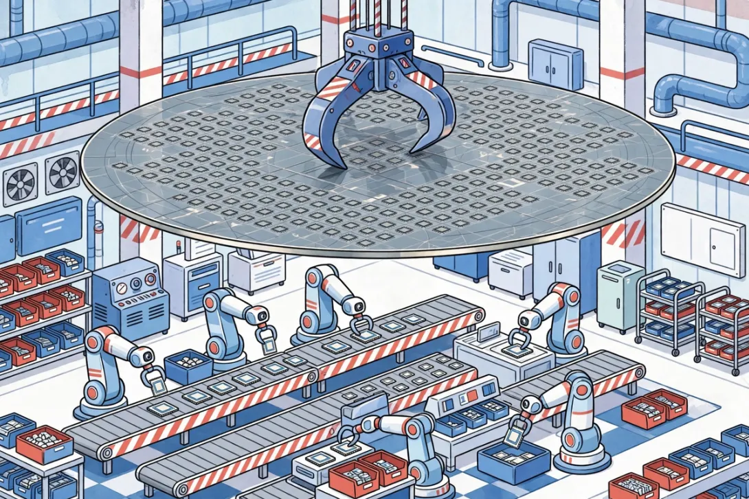 Cartoon illustration of a silicon wafer and chip packaging components inside a modern American factory.