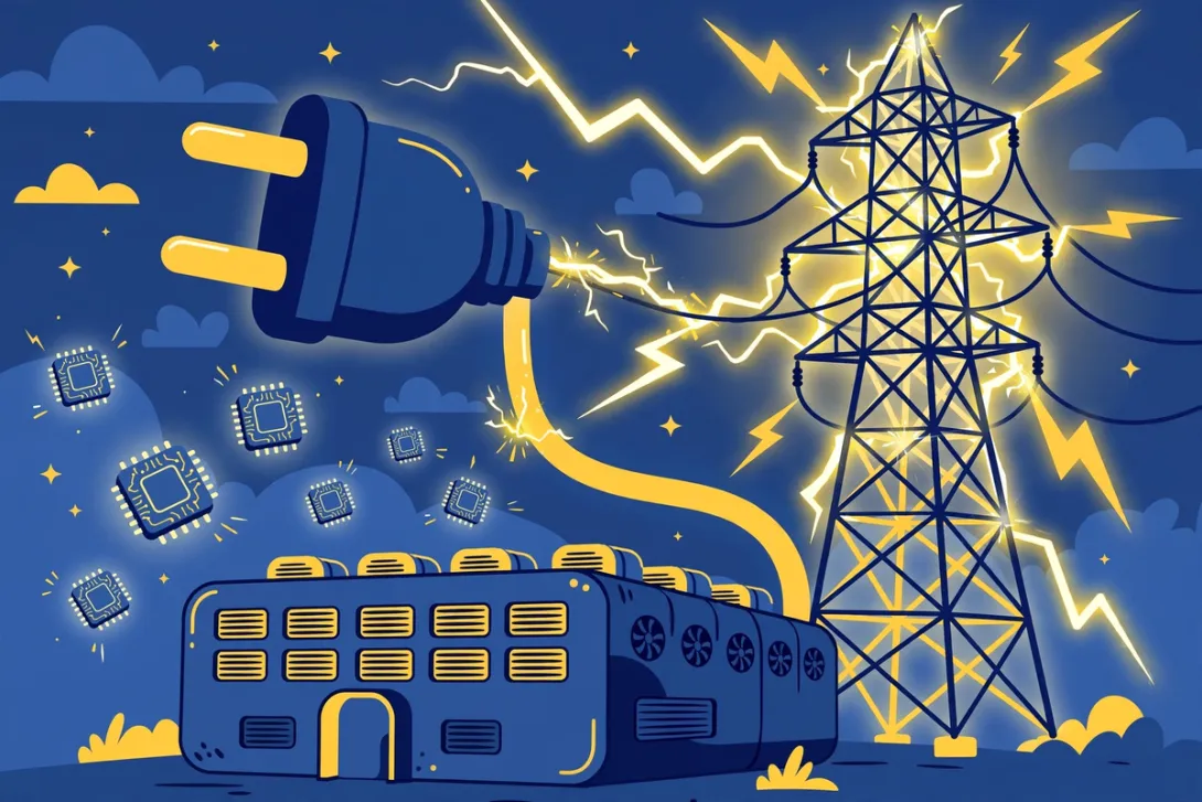 Cartoon illustration of a data center plugged into a straining power grid beside chip packages.