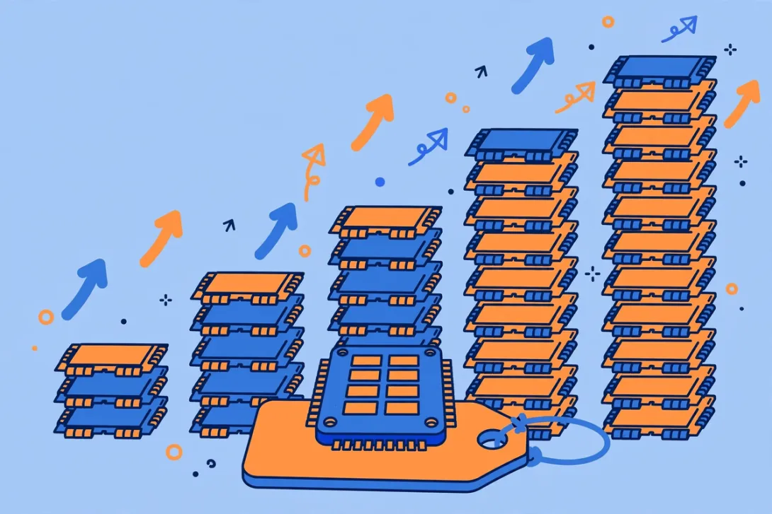 Cartoon illustration of a computer chip on a price tag surrounded by rising memory modules.