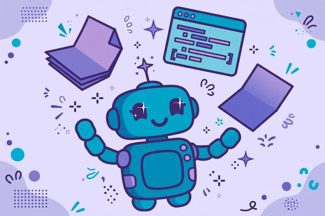 Cartoon illustration of a helpful robot assistant juggling office documents and code windows.