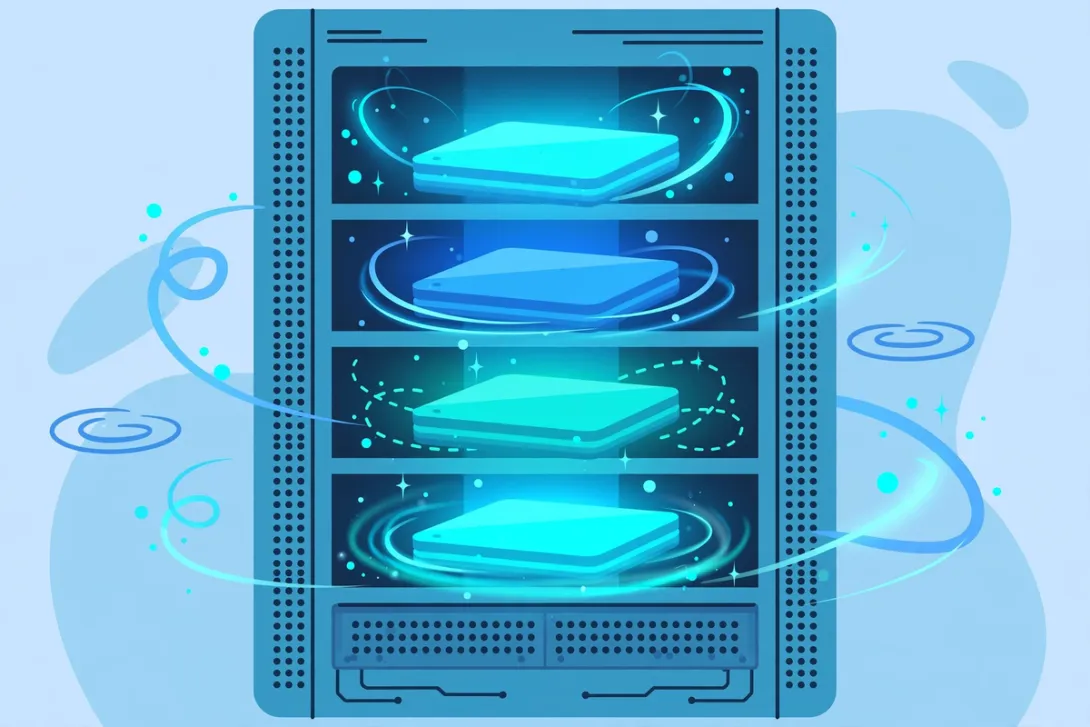 Cartoon illustration of stacked solid-state drives in a humming data-center rack.