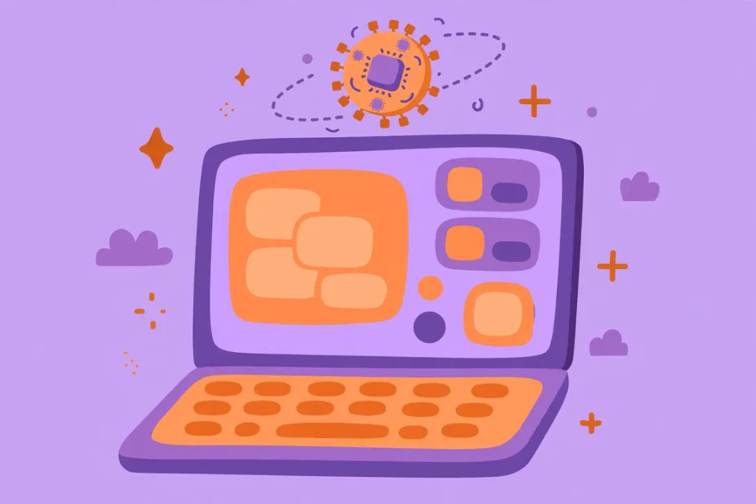 Cartoon illustration of a laptop with a friendly Linux desktop and an orbiting chip.