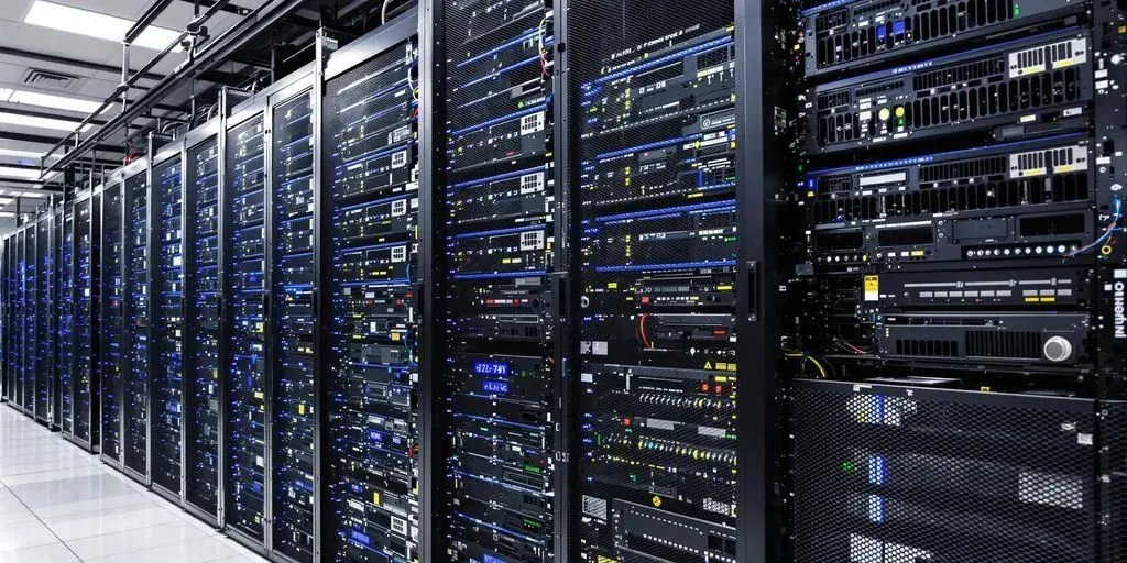 Rows of rack-mounted servers in a data center that hosts websites and web applications.