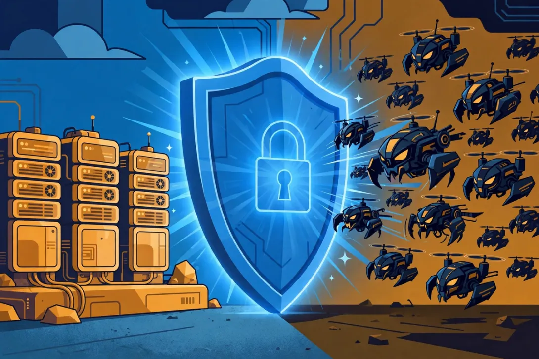 Cartoon illustration of a glowing security shield blocking dark botnet drones from reaching network servers.