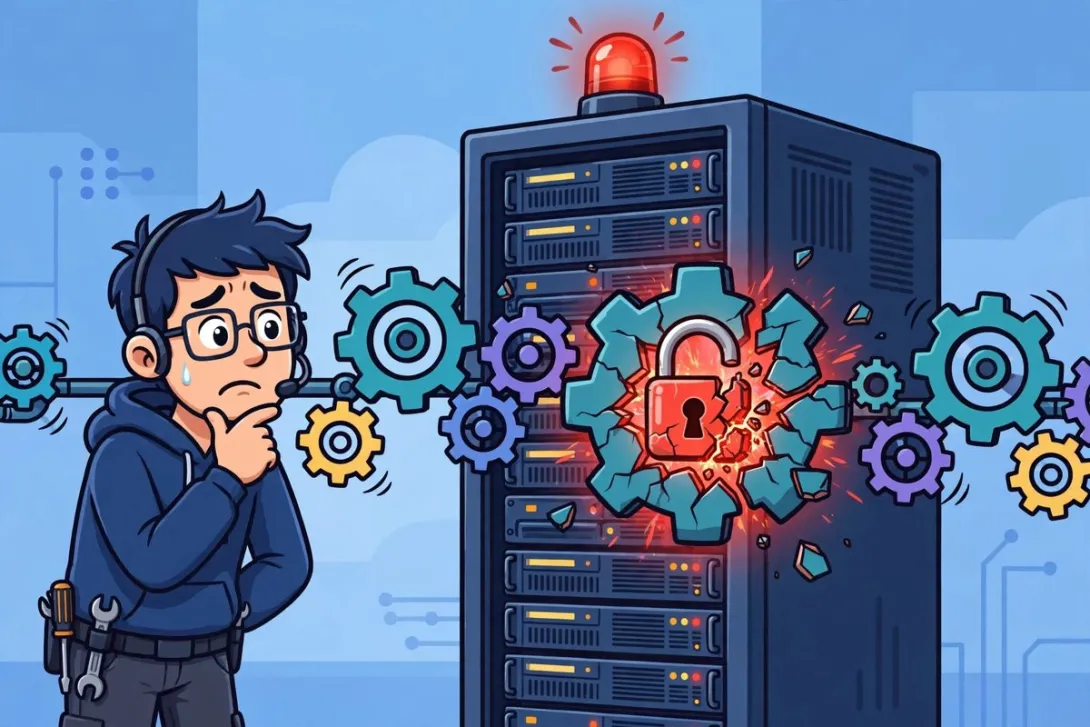 Cartoon illustration of a worried IT administrator beside a server rack and software pipeline with a cracked gear and broken padlock.