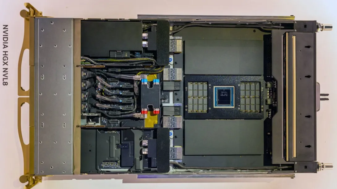 An NVIDIA HGX NVL8 Vera compute tray photographed at GTC 2026, showing the Vera CPU package at its center.