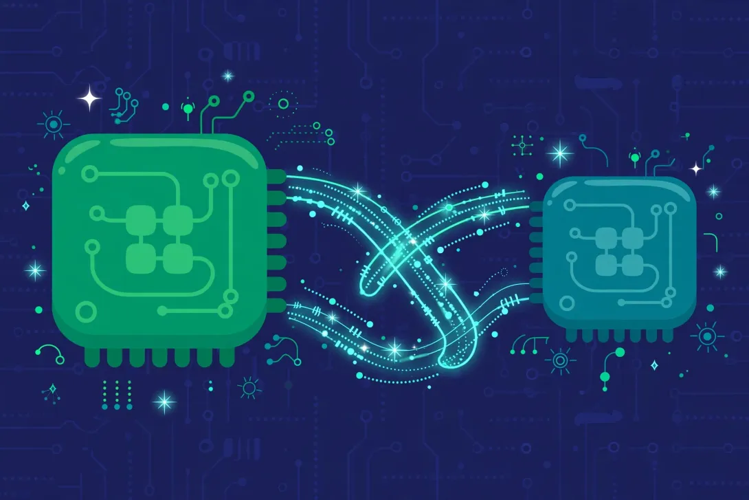 Cartoon illustration of two connected processor chips with glowing data pathways on a deep navy background.