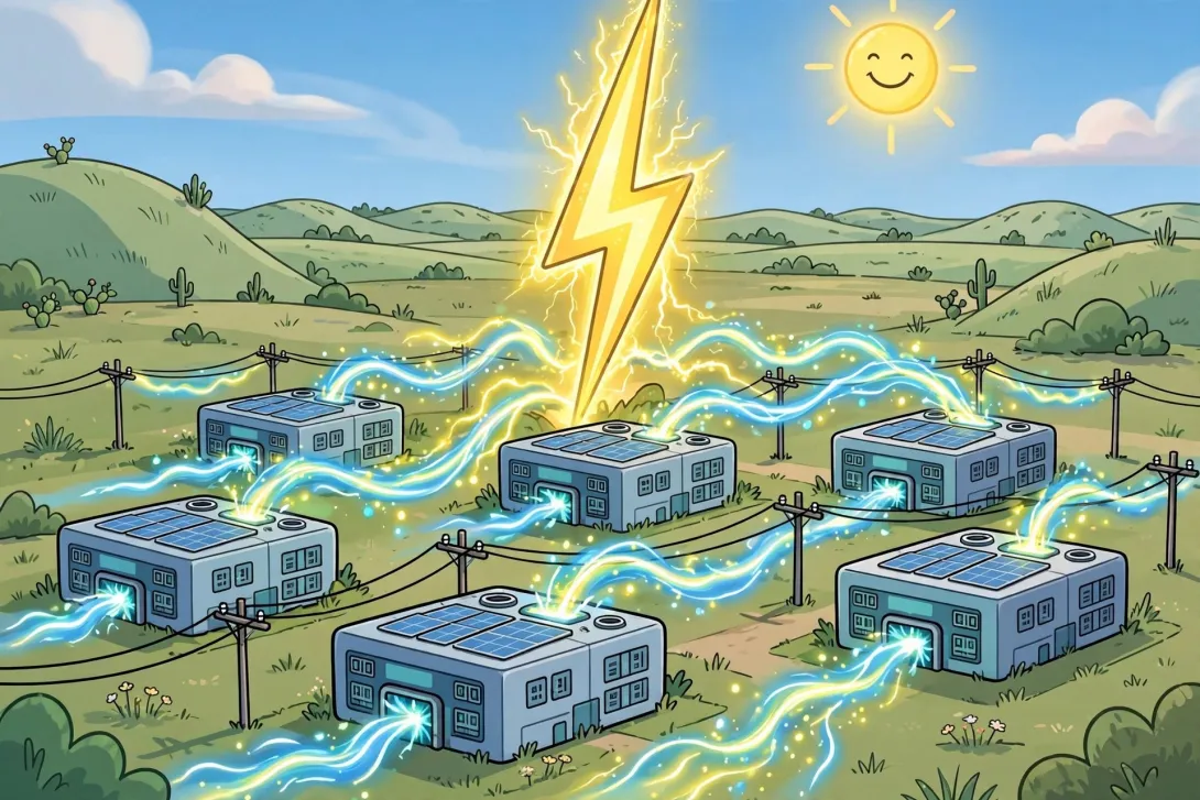Cartoon illustration of a futuristic data center campus with solar panels and a glowing power tower on a Texas prairie.